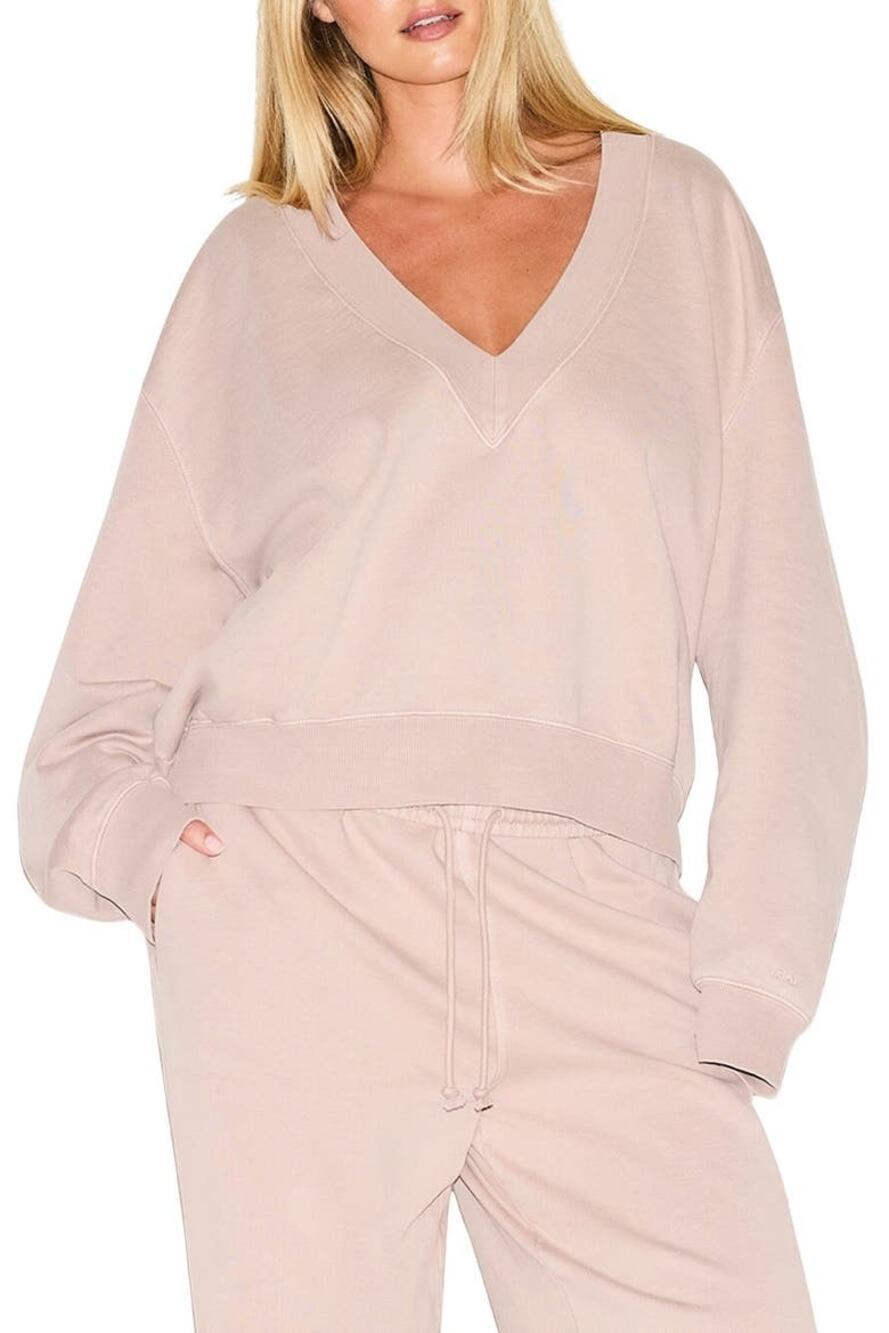 SKIMS Boyfriend Fleece V-Neck Pullover-Light Fawn Size XXS NWT #1440